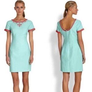 Lilly Pulitzer 6 Aqua Blue‎ Dress Coral Beads Sheath Cruise Party Summer NORA